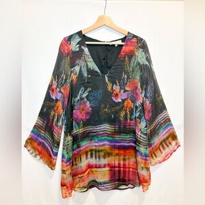 Lavender Brown  Dress floral bohemian Silk Size XS V-Neck